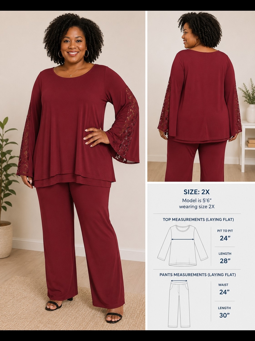 IMAN 2X Burgundy Lace Sleeve Pant Set Wide Leg Stretch NWT